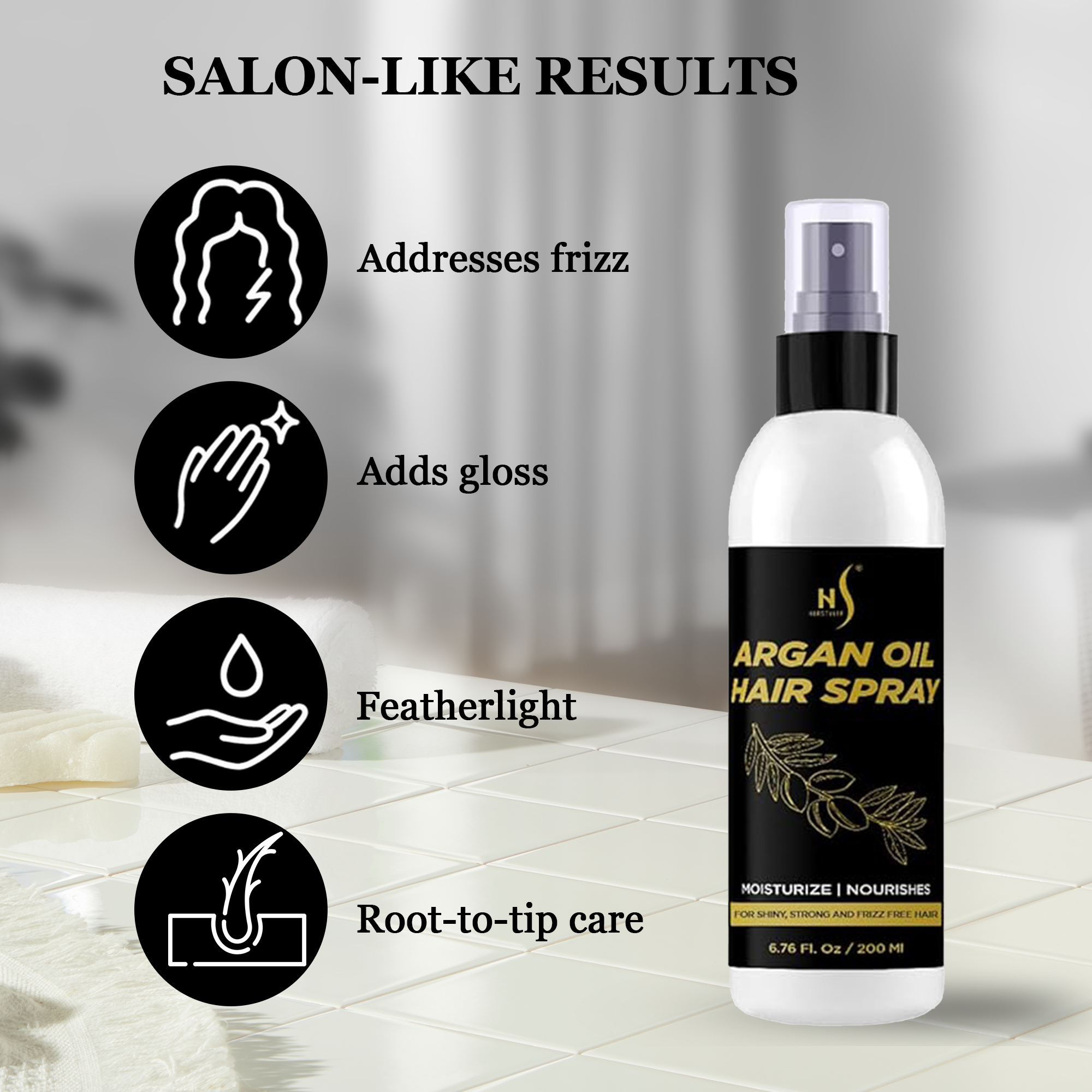 Argan oil hair spray bottle with features like Addresses Frizz, Adds Gloss, Featherlight, Root-to-tip care