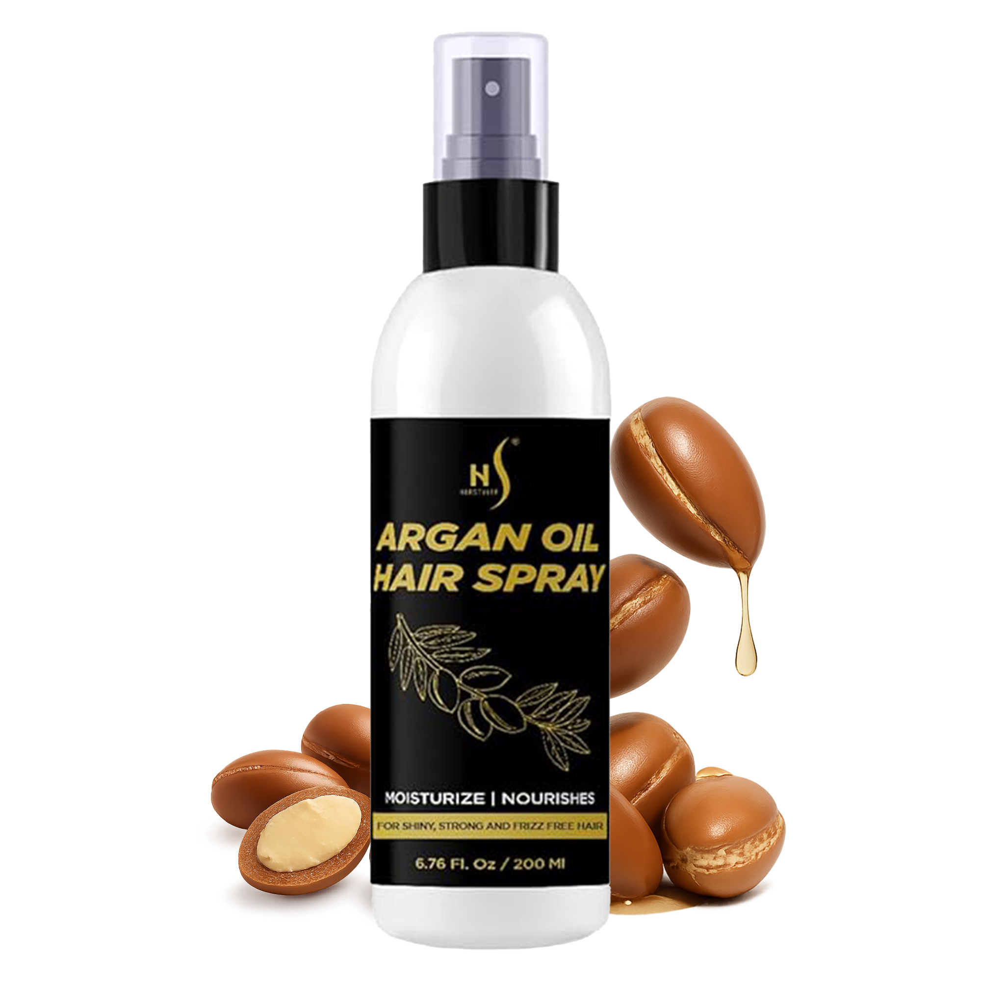 HerStyler Argan oil hair spray bottle with argan seeds and oil droplet on a white background