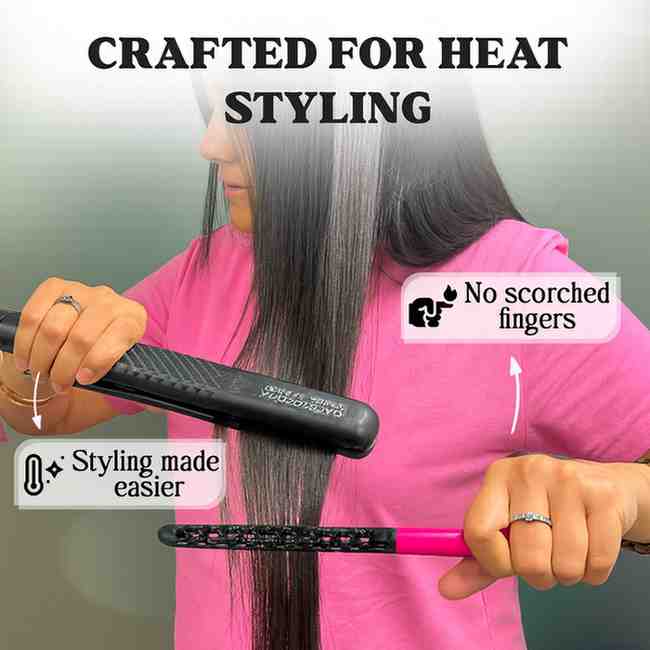 Person using a hair straightener with text indicating it's 'Crafted for Heat Styling' and 'No scorched fingers'.