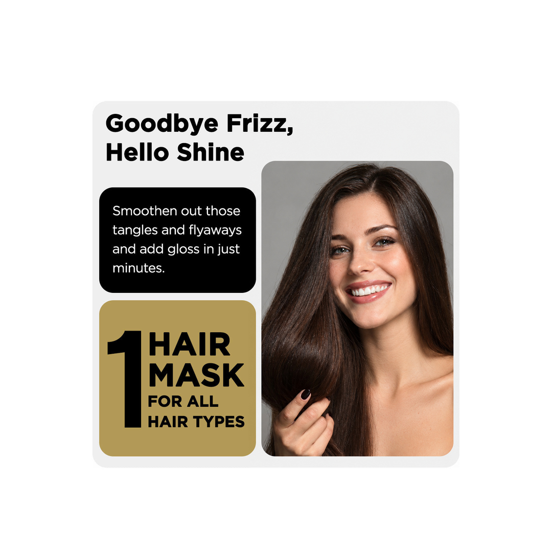 Graphic "Goodbye Frizz, Hello Shine" with smiling woman with sleek dark hair