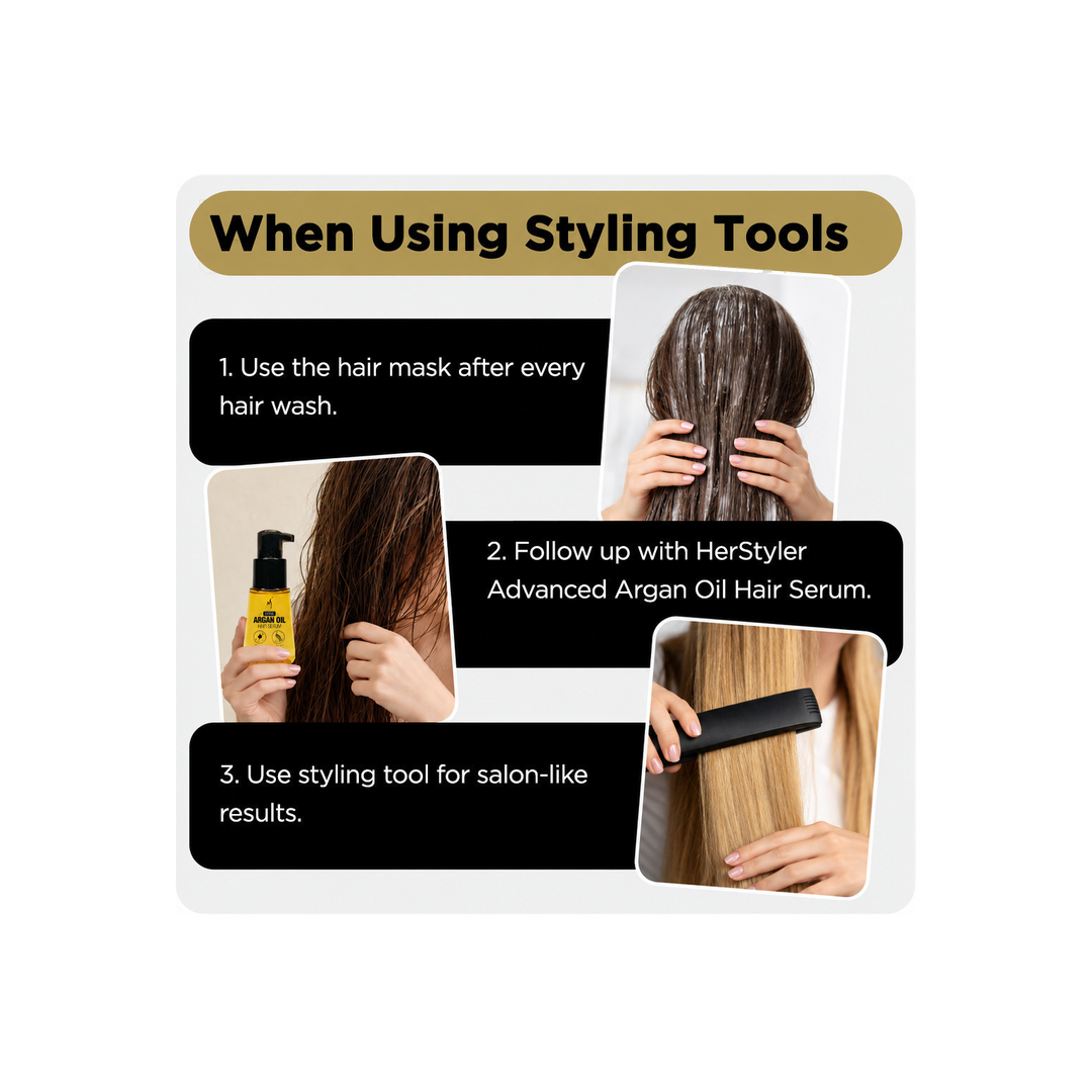 Graphic "When Using Styling Tools" with three numbered hair care steps