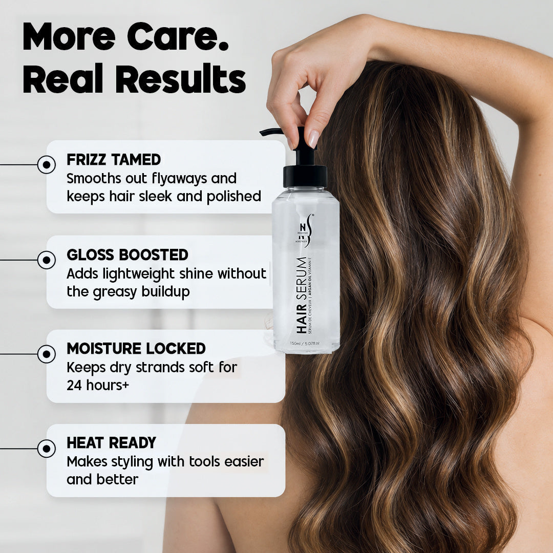 More Care. Real Results: hand holding a clear hair serum bottle against long brown hair