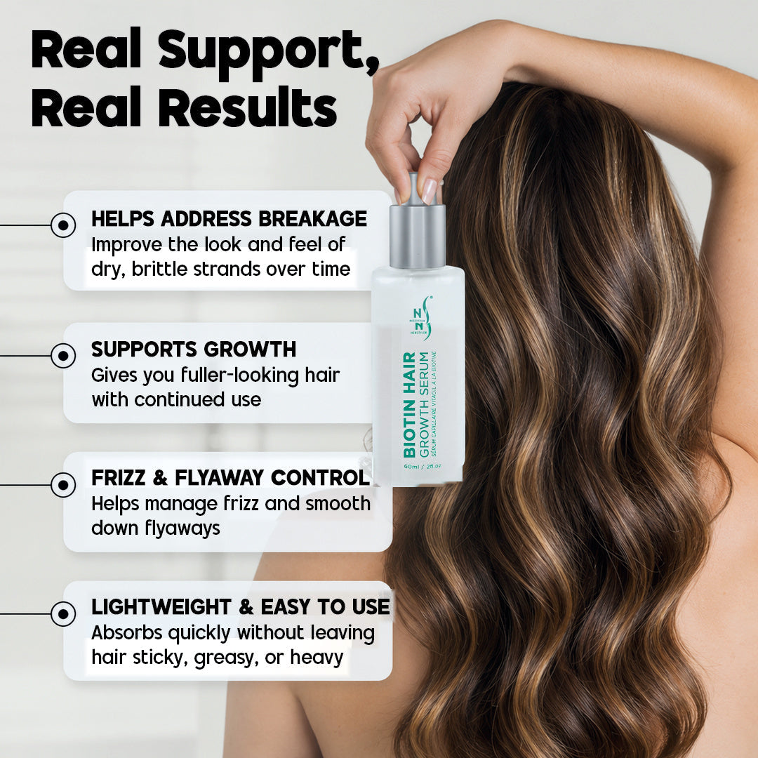 Real Support, Real Results: Biotin Hair Growth Serum held against long hair, four benefits