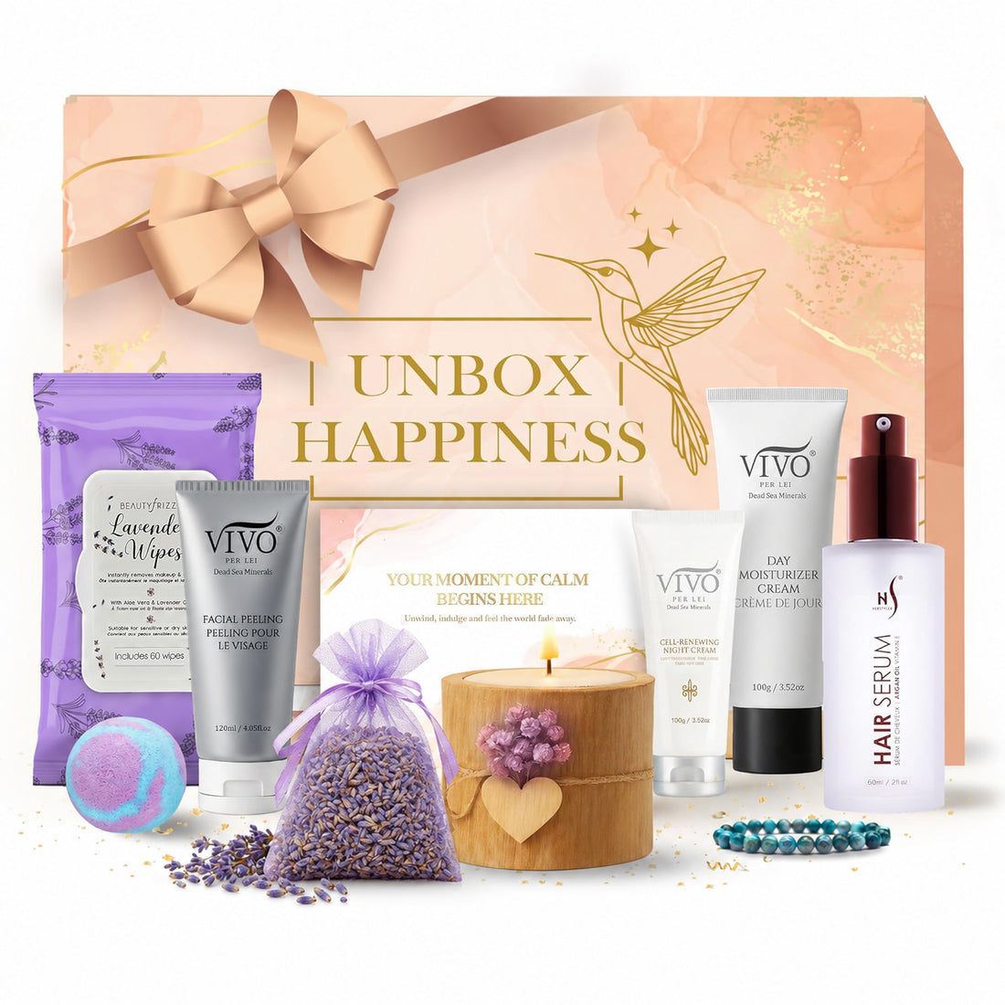 Unbox Happiness gift set with skincare products, candle, bath bomb and hair serum