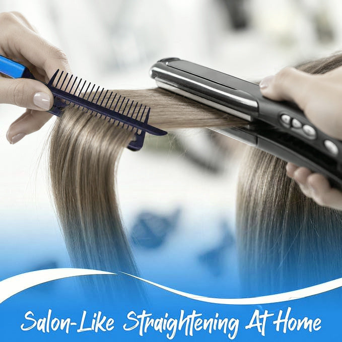 Black hair straightening comb with blue handles